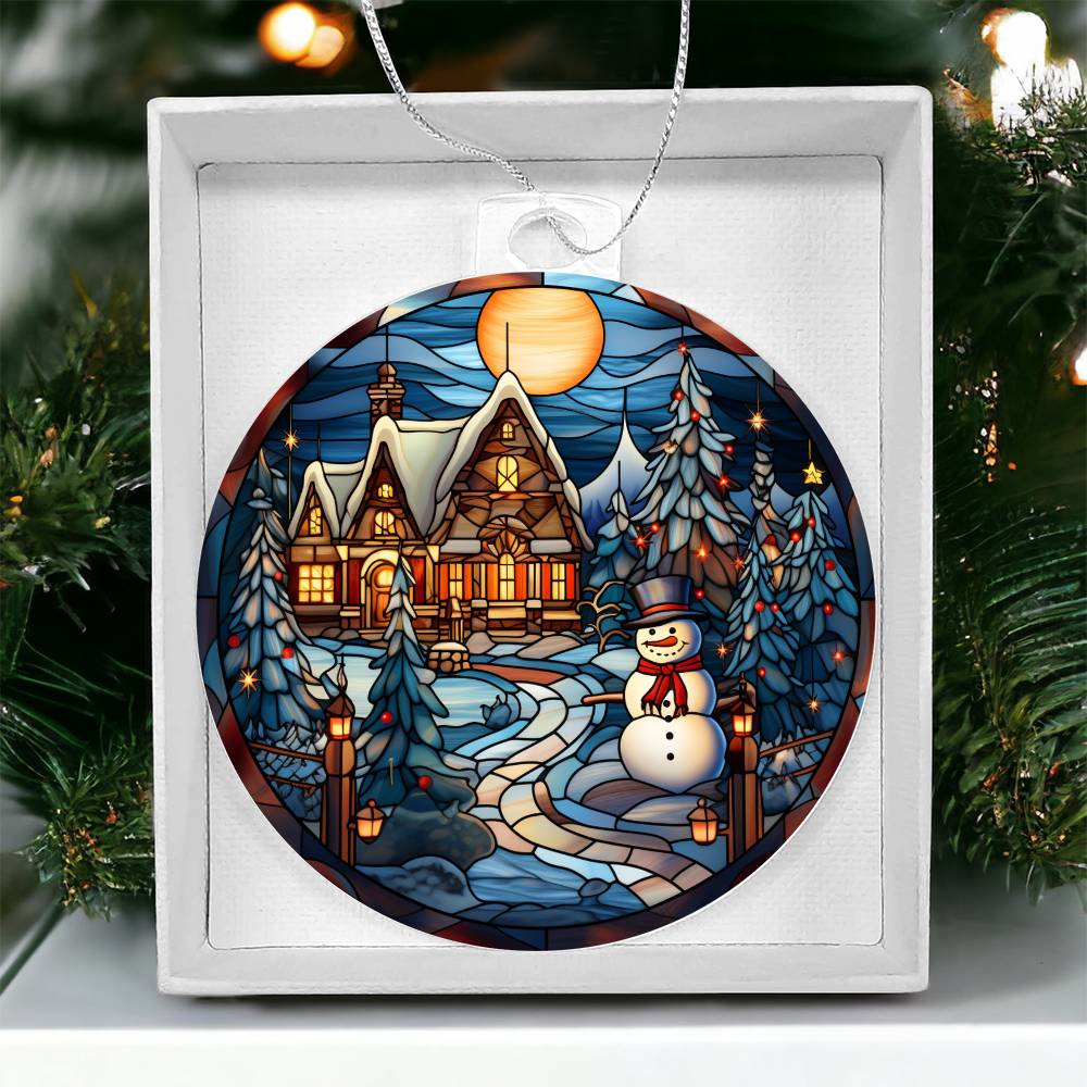 Christmas acrylic ornament with snowy night scene, cottage, and snowman, perfect for holiday decor.