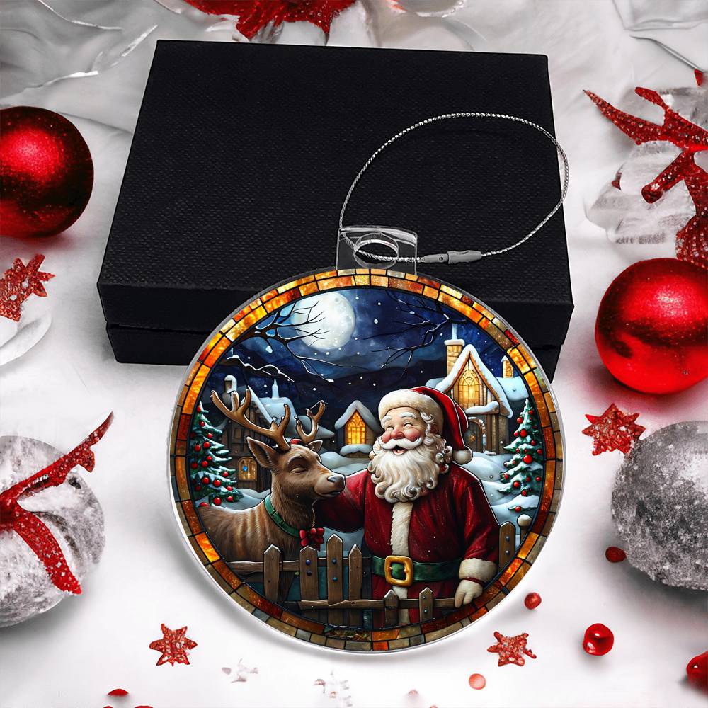 Christmas acrylic ornament depicting Santa and reindeer under a snowy moonlit sky, perfect holiday decor and gift idea.