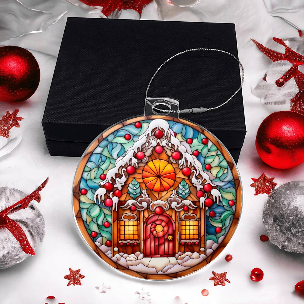 Christmas acrylic ornament with candy cane cabin design, featuring gingerbread house and stained-glass effect, perfect holiday decor.