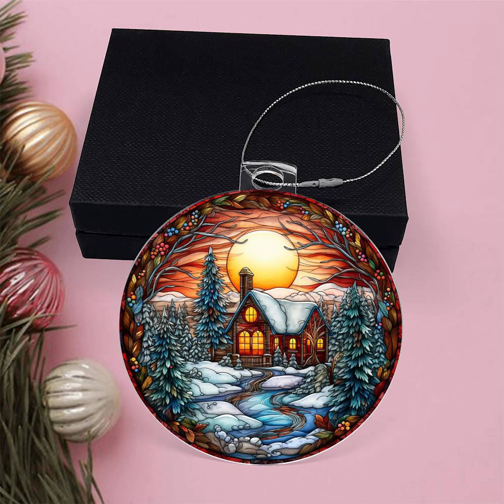 Christmas acrylic ornament featuring a cozy cabin, snow-covered trees, and a glowing sunset, perfect for rustic holiday decor.