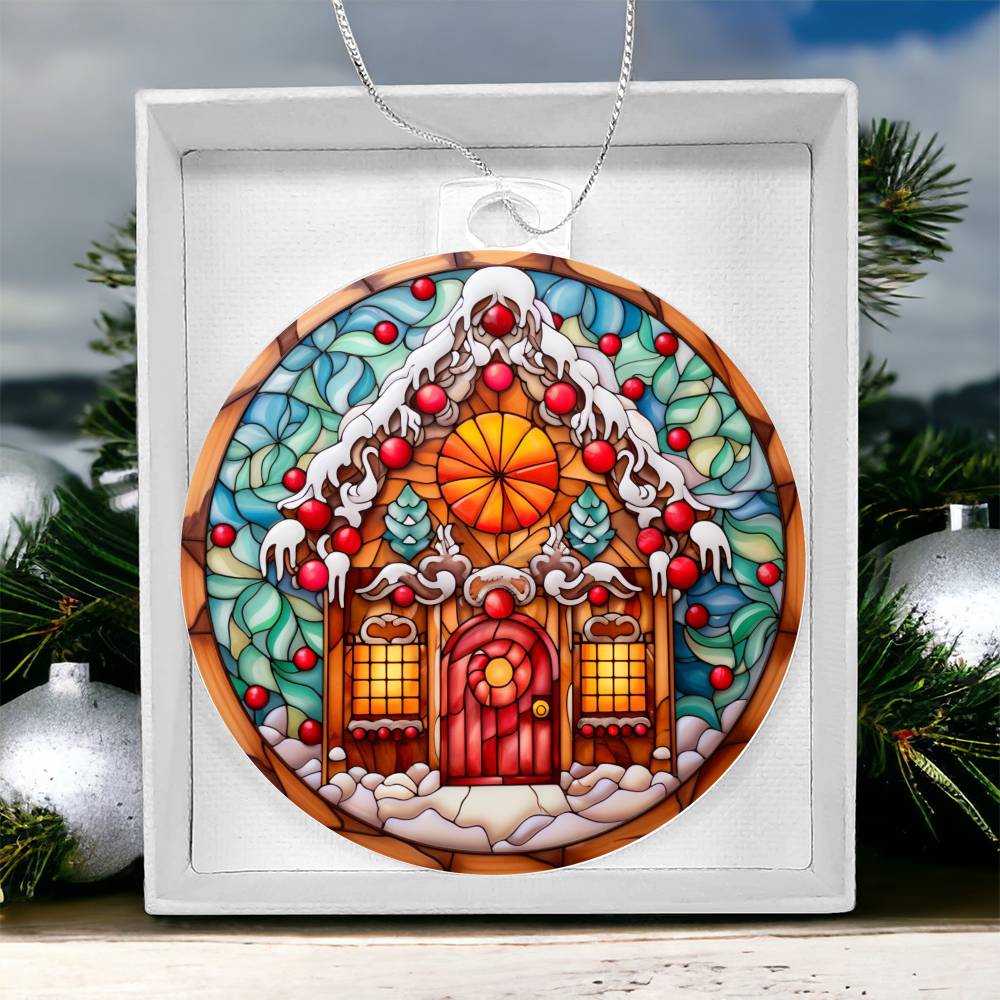 Christmas acrylic ornament featuring a candy cane gingerbread house with stained-glass effect, perfect for holiday decor.