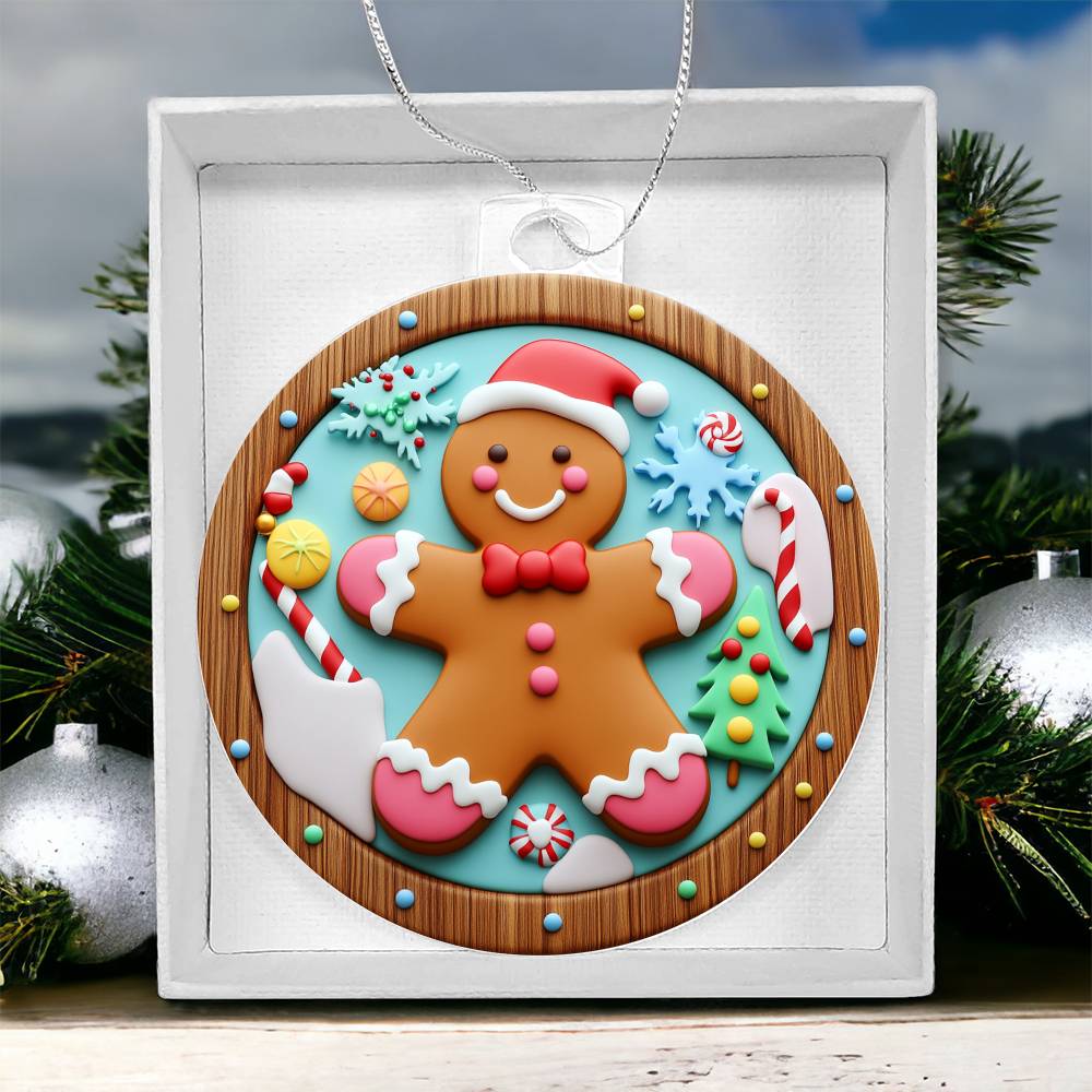 Christmas acrylic ornament featuring a jolly gingerbread man with candy canes, snowflakes, and festive decorations in gift box.