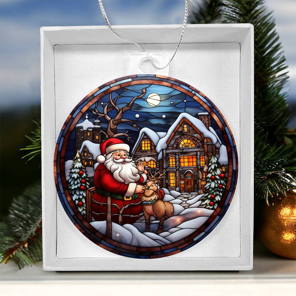 Christmas Acrylic Ornament with Santa and Reindeer in Snowy Village Scene