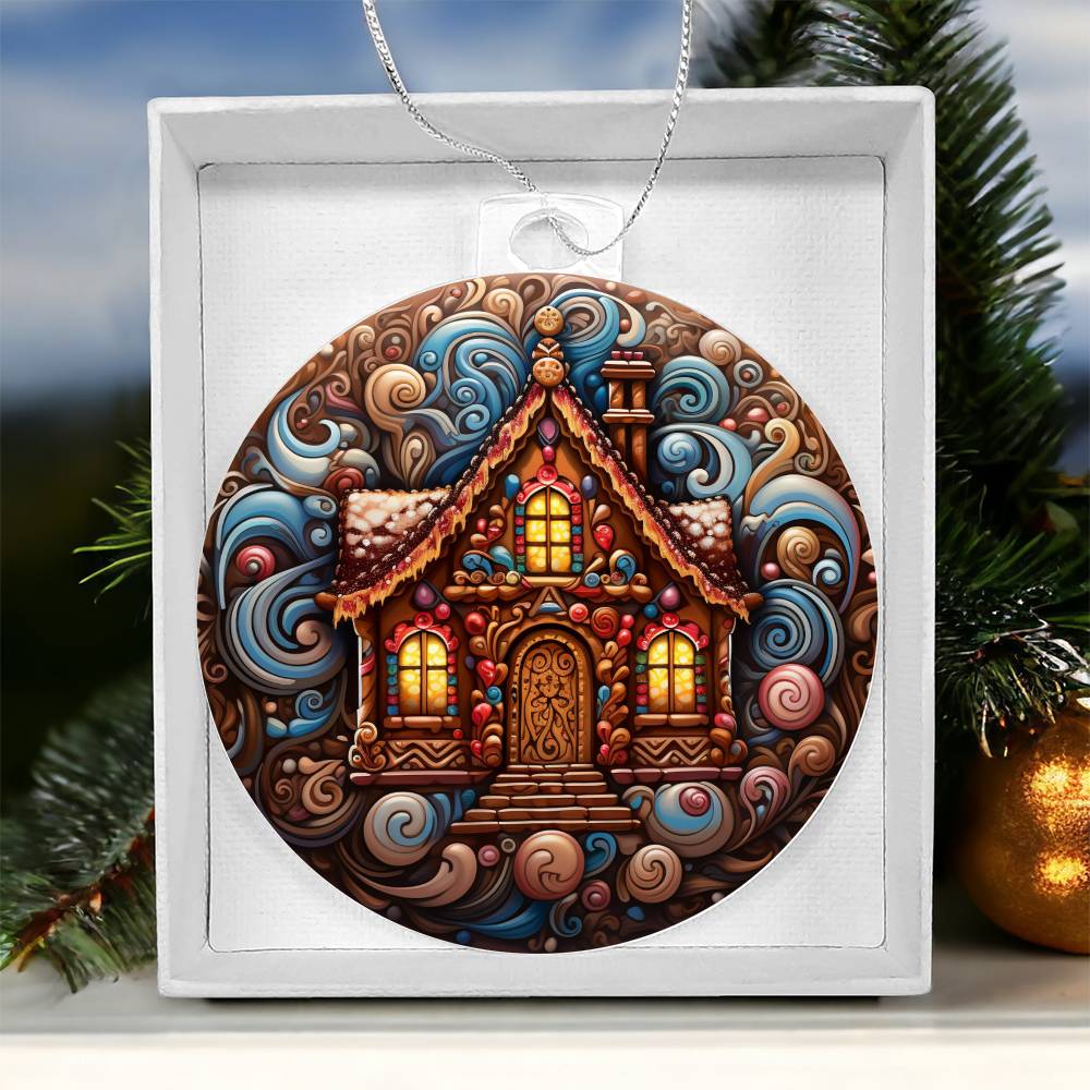 Festive gingerbread house ornament with swirling candy patterns in a gift box, perfect for Christmas decor.