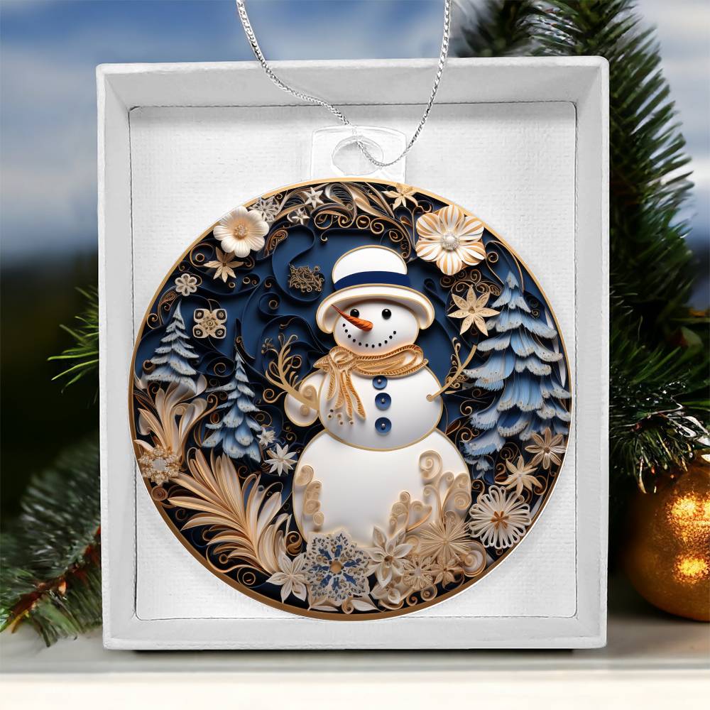 Elegant acrylic ornament featuring a cheerful snowman with floral and snowflake patterns, perfect for festive holiday decor.