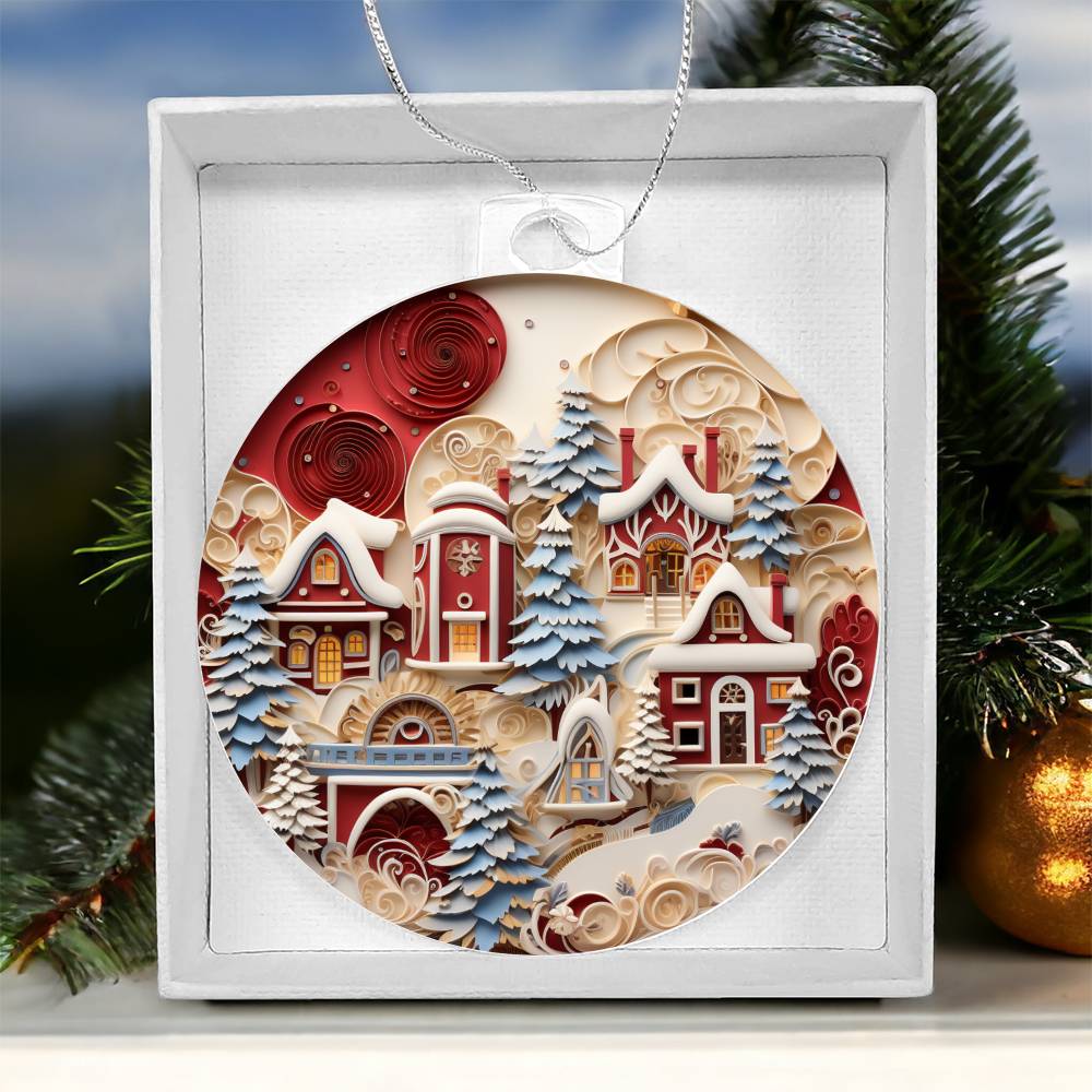 Christmas Acrylic Ornament with Snowy Village Scene in Gift Box