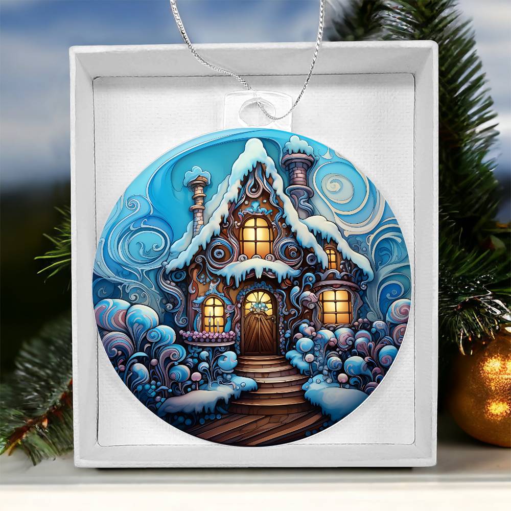 Christmas acrylic ornament with snow-covered cottage and whimsical designs, enhancing holiday decor. Available at 50% off.