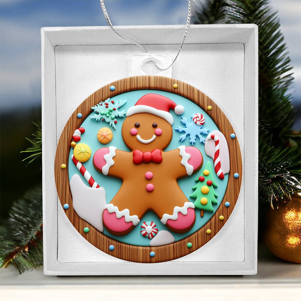 Christmas acrylic ornament with a gingerbread man, candy canes, and festive decorations in a gift box. Perfect for holiday decor.