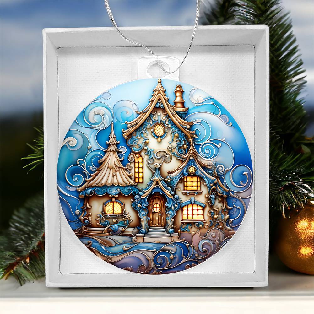 Christmas acrylic ornament featuring enchanted snowy manor with magical frosted cottage design in gift box.