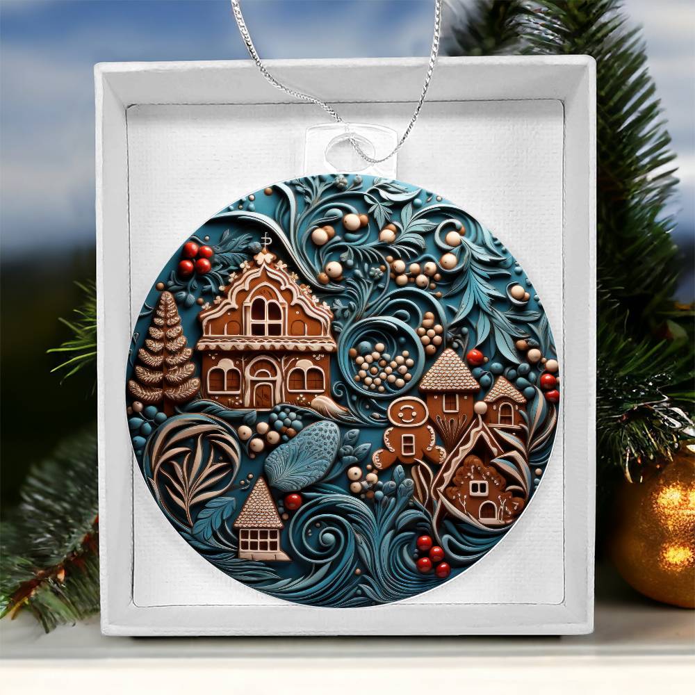 Christmas acrylic ornament featuring a whimsical gingerbread village with festive foliage, perfect holiday decor gift in a gift box.