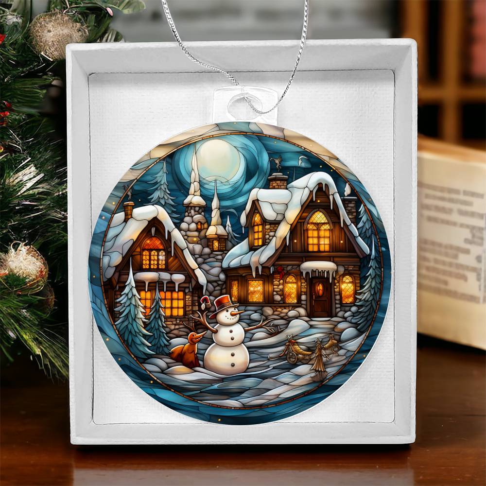 Snowy cottage acrylic ornament featuring a festive winter scene with a snowman and moonlit village, perfect for holiday decor.