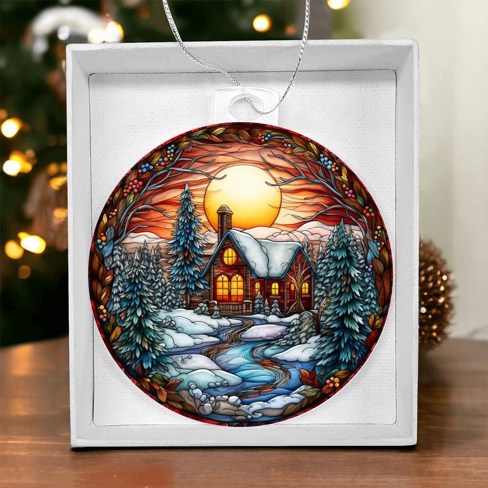 Christmas acrylic ornament with sunset lodge, snowy trees, and cozy cabin in gift box - perfect for holiday decor.