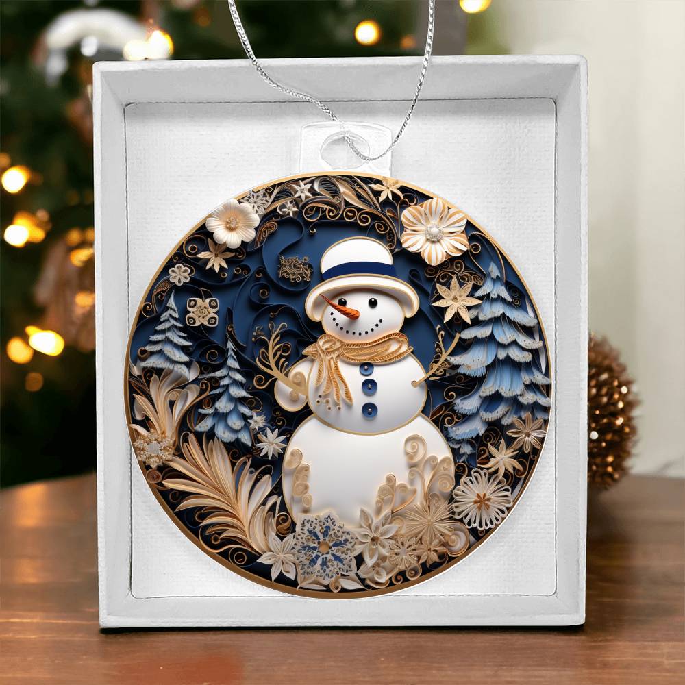 Elegant snowman Christmas acrylic ornament with intricate floral and snowflake patterns in festive colors, displayed in a gift box.