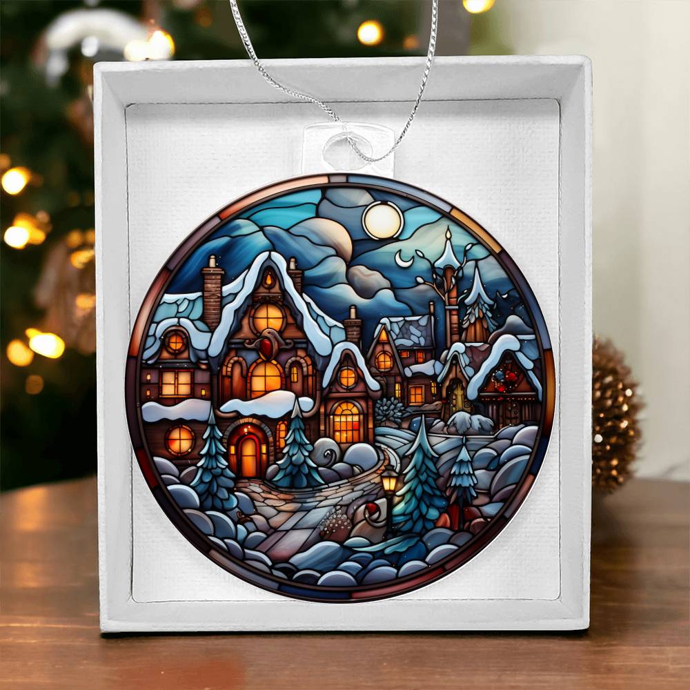 Christmas acrylic ornament featuring a moonlit snow-covered village with glowing lights, perfect for holiday decor.