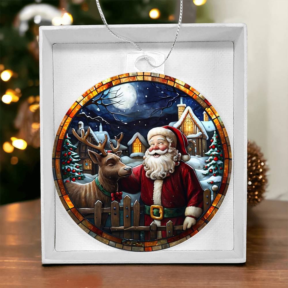 Christmas acrylic ornament with Santa and reindeer under snowy moonlit sky, festive decor, 50% off sale, free shipping.