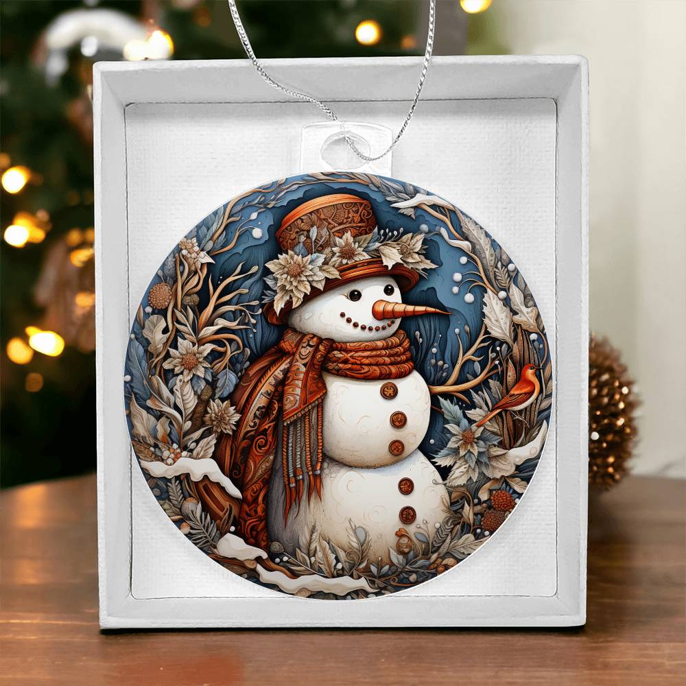 Vintage-inspired snowman acrylic ornament with winter florals and cardinal, perfect for rustic Christmas decor.