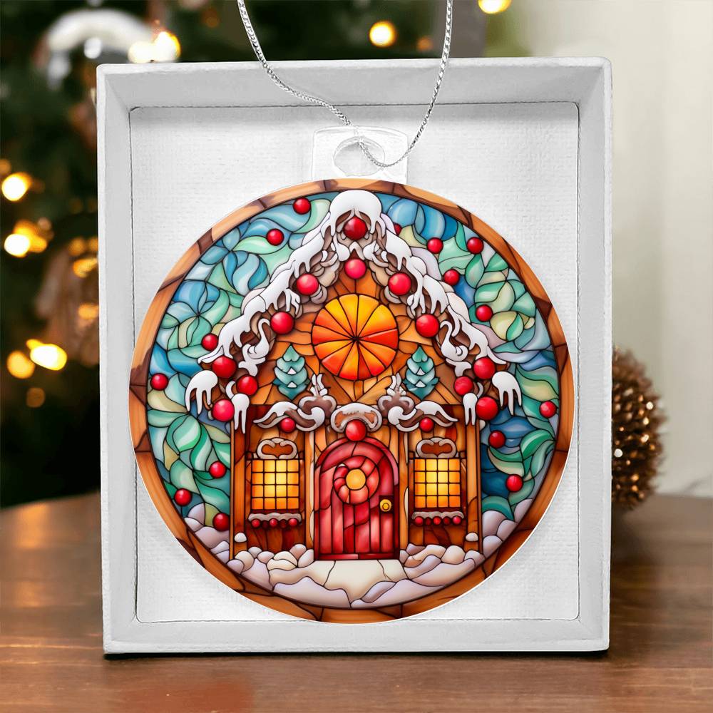 Christmas acrylic ornament with gingerbread-style house design, featuring stained-glass effect, festive details, and holiday cheer.