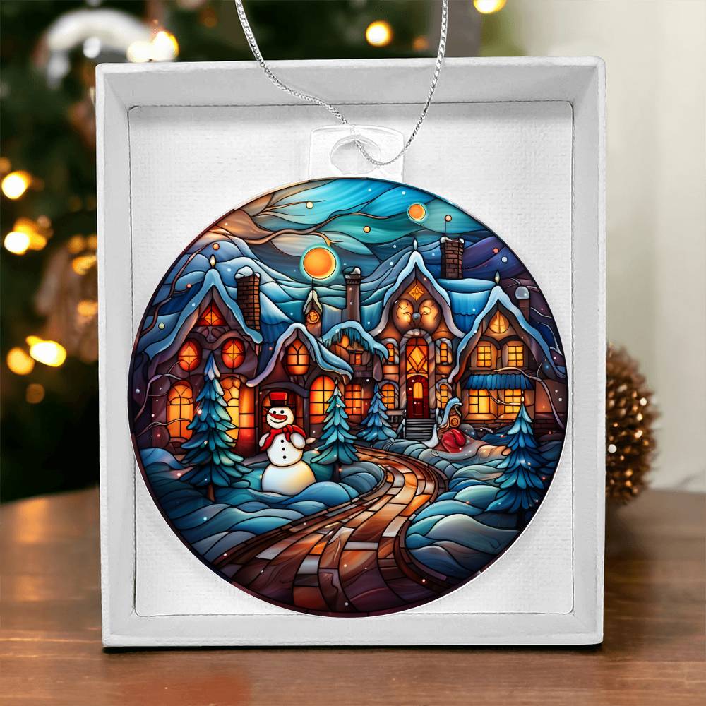 Christmas acrylic ornament with snowman and winter village scene, featuring glowing lights and snow-covered path, in festive setting.