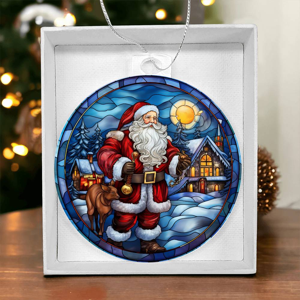 Christmas acrylic ornament featuring Santa, cozy cabin, and snow-covered trees, perfect for holiday decor and gifting.