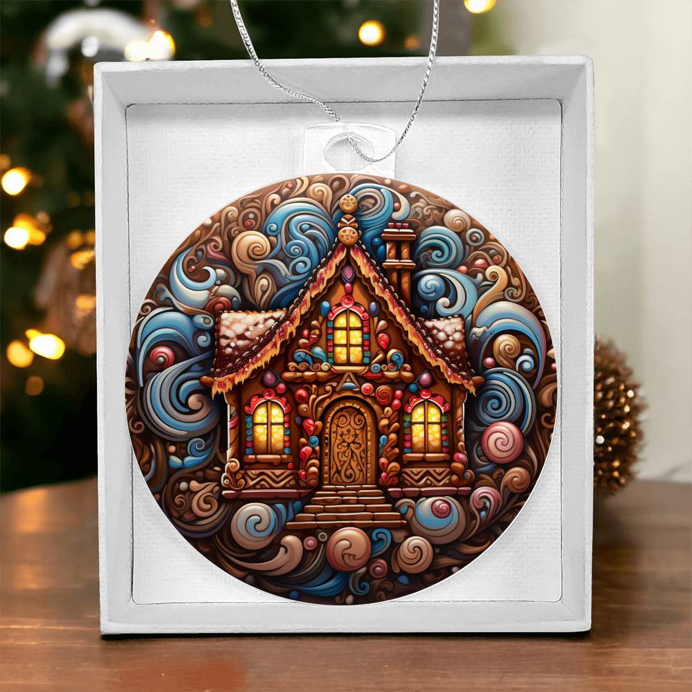 Christmas acrylic ornament with a gingerbread house and candy swirls, perfect for festive holiday decor.