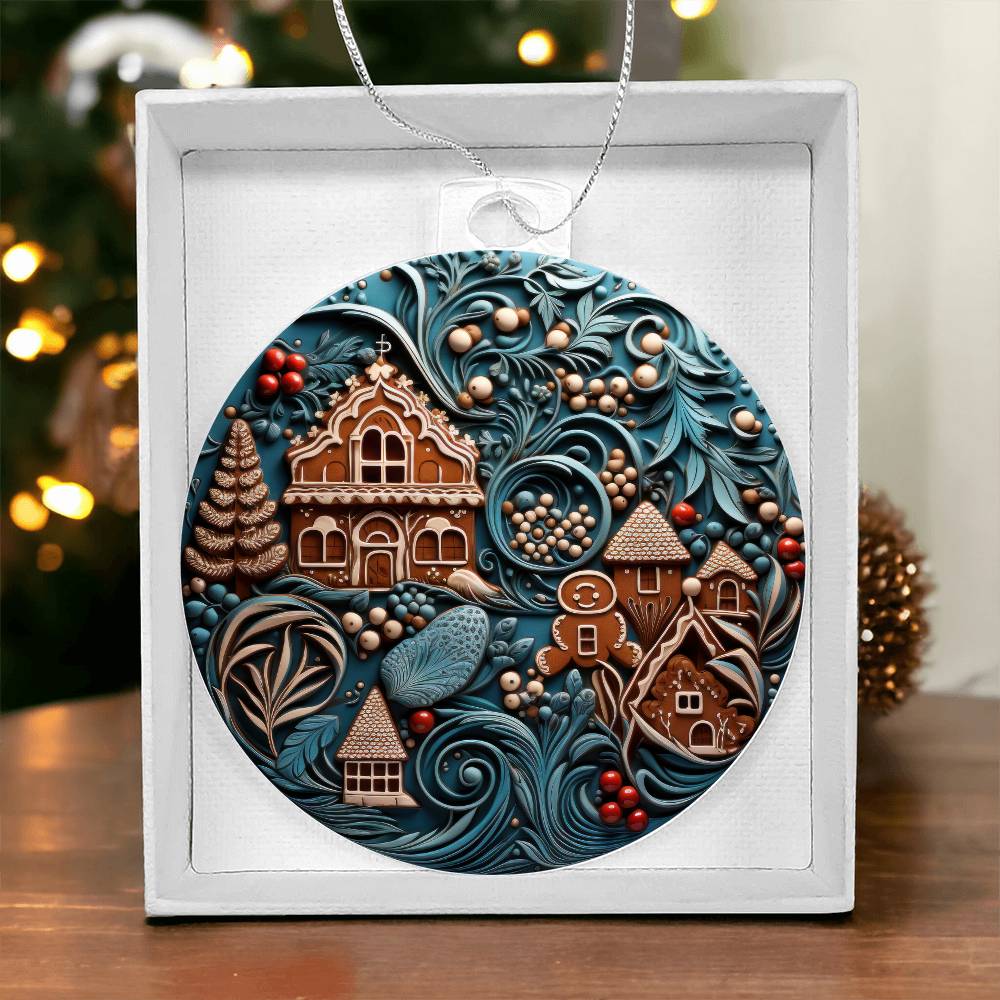 Christmas acrylic ornament with whimsical gingerbread village design, featuring festive foliage and intricate details in a gift box.