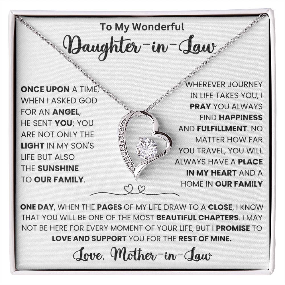 To My Wonderful Daughter in Law Forever Love Necklace with 6.5mm CZ Crystal and Heart Pendant - Gift from Mother in Law