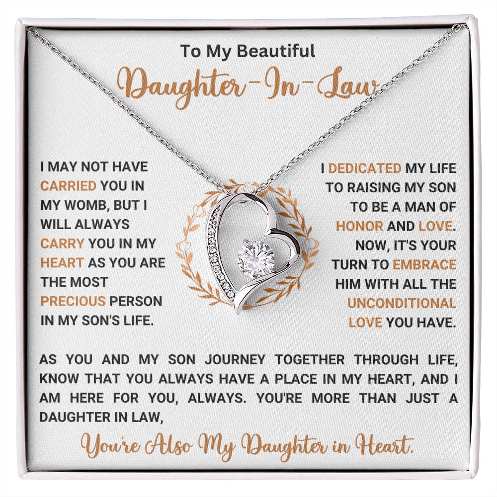 Forever Love Necklace for Daughter-in-Law with heartfelt message in gift box, featuring a 6.5mm CZ crystal in a polished heart pendant.