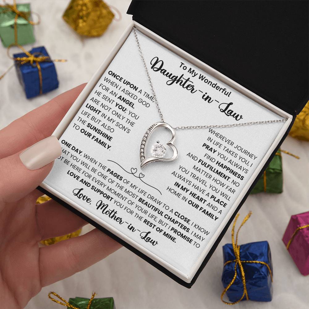 Forever Love Necklace for Daughter-in-Law with Heart Pendant and CZ Crystal in Gift Box with Inspirational Message.