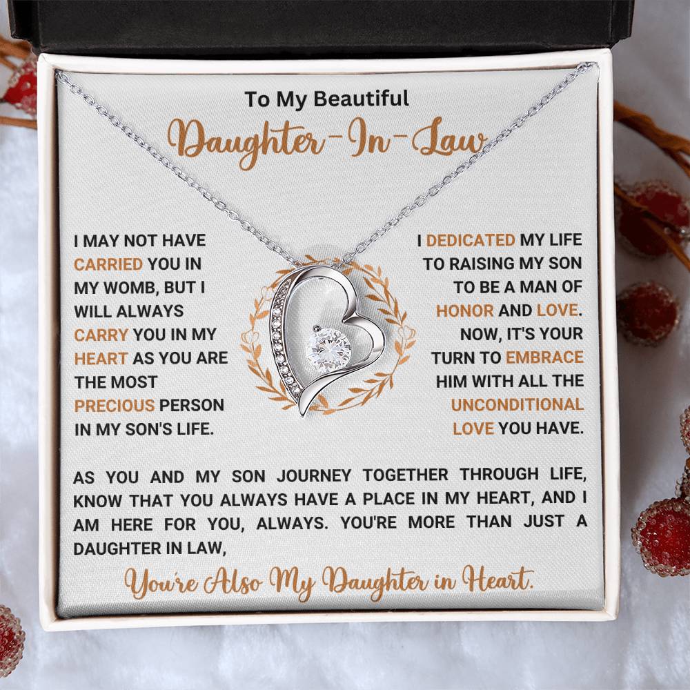 Forever Love Necklace for Daughter-in-Law with heart-shaped pendant and CZ crystals in gift box with heartfelt message