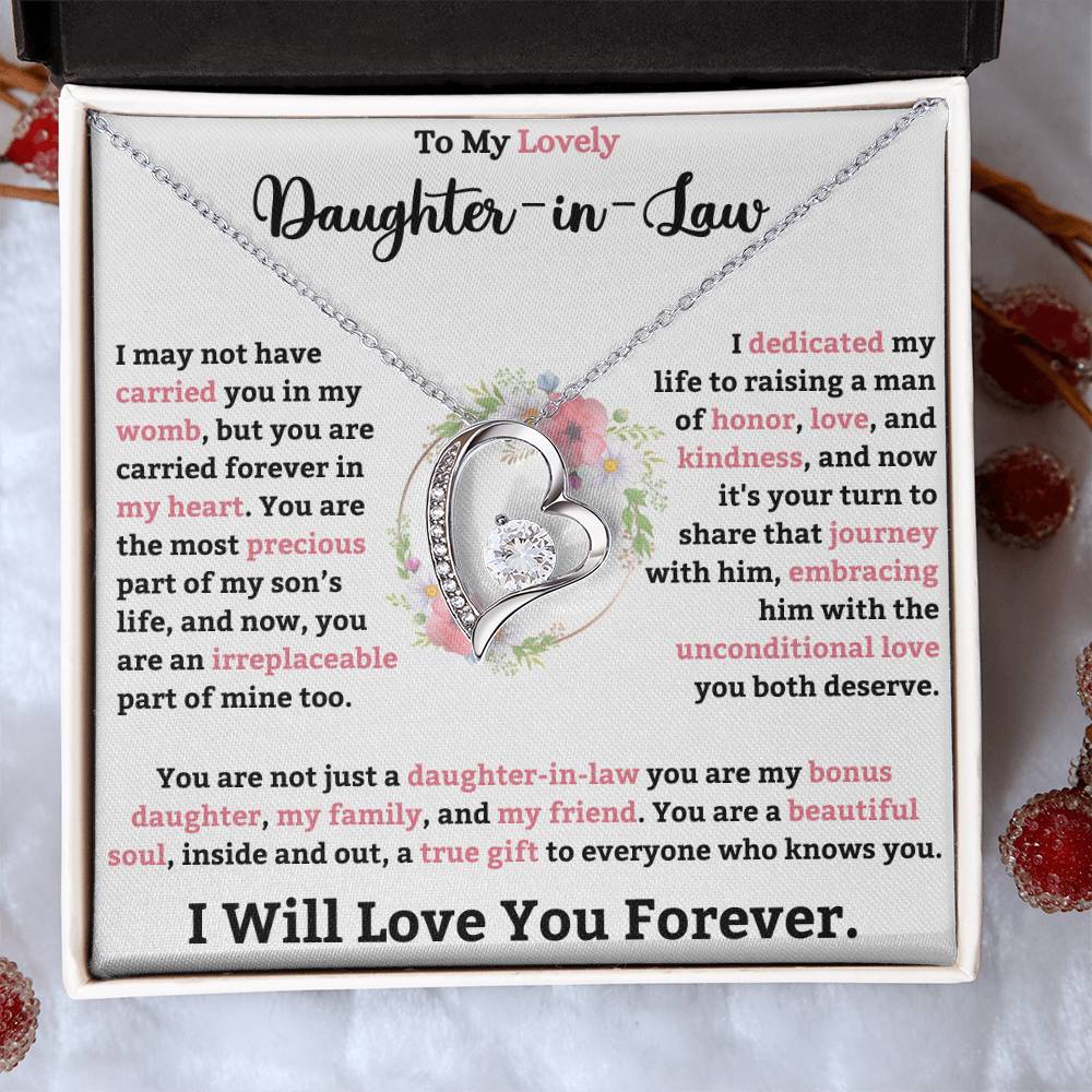 Forever Love Necklace for Daughter-in-Law with a heartfelt message about love, honor, and family bonds, displayed in a gift box.