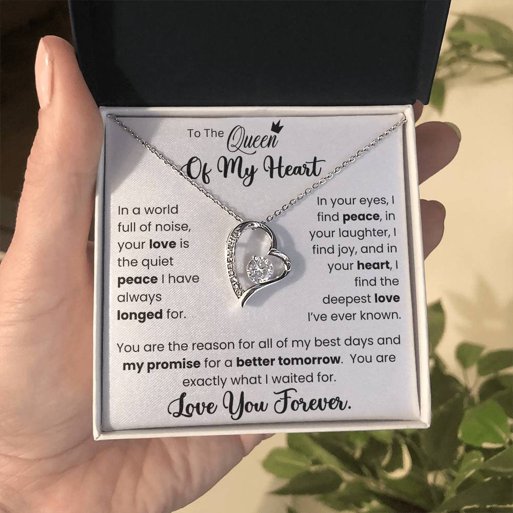 "To The Queen of My Heart - Forever Love Necklace with heart-shaped pendant and CZ crystal in a gift box"