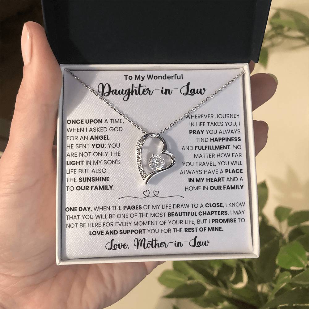 Heart-shaped Forever Love Necklace for Daughter-in-Law with CZ crystal in gift box featuring heartfelt message from mother-in-law