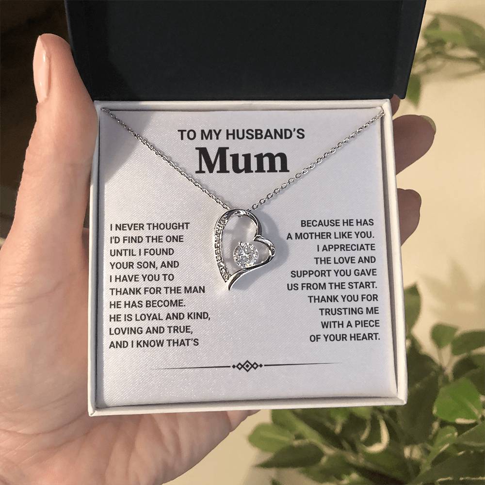 Heart-shaped Forever Love Necklace in gift box for husband's mum, with heartfelt message and sparkling CZ detail.