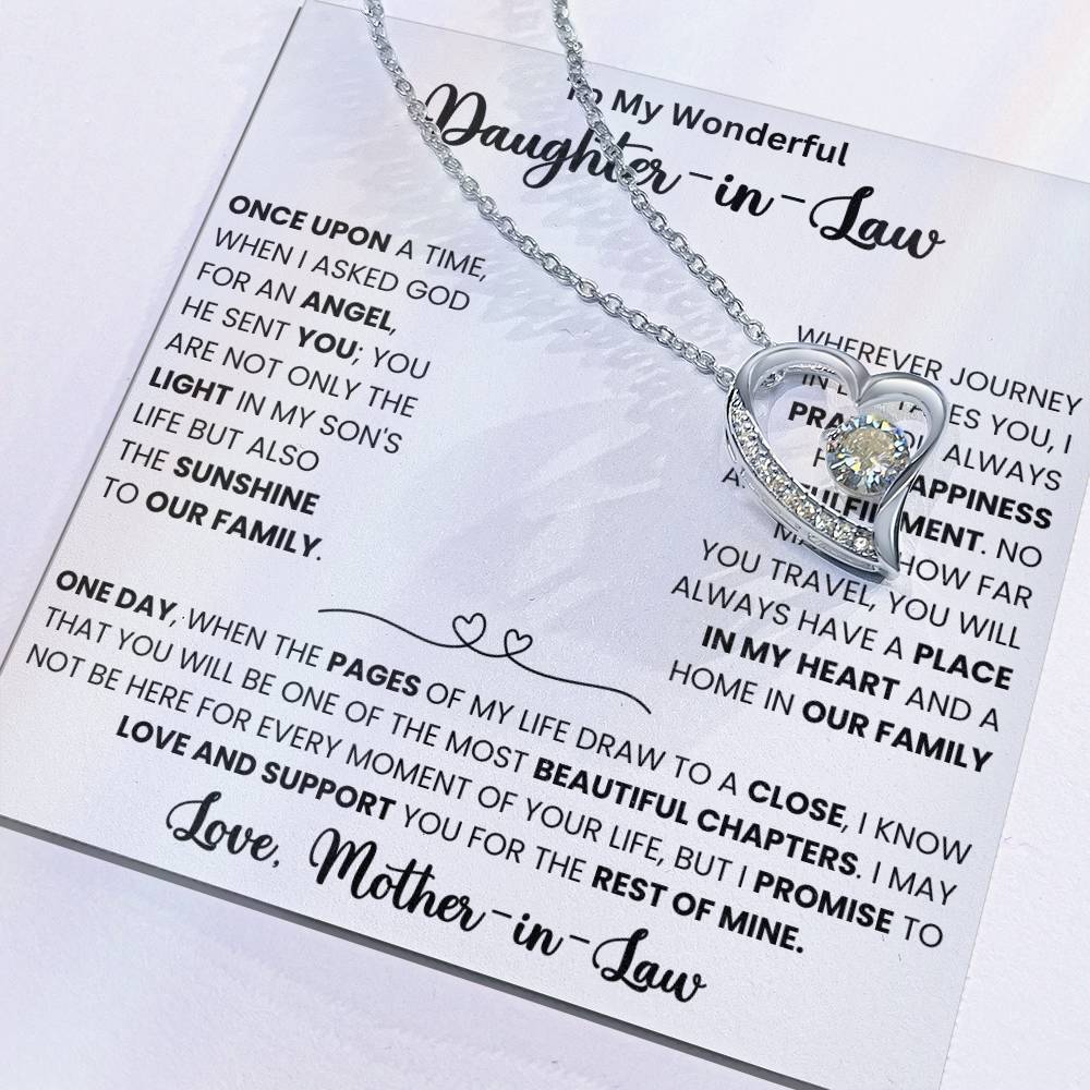 Forever Love Necklace gift with heartfelt message for daughter-in-law, featuring polished heart pendant with CZ crystal, perfect gift for her.