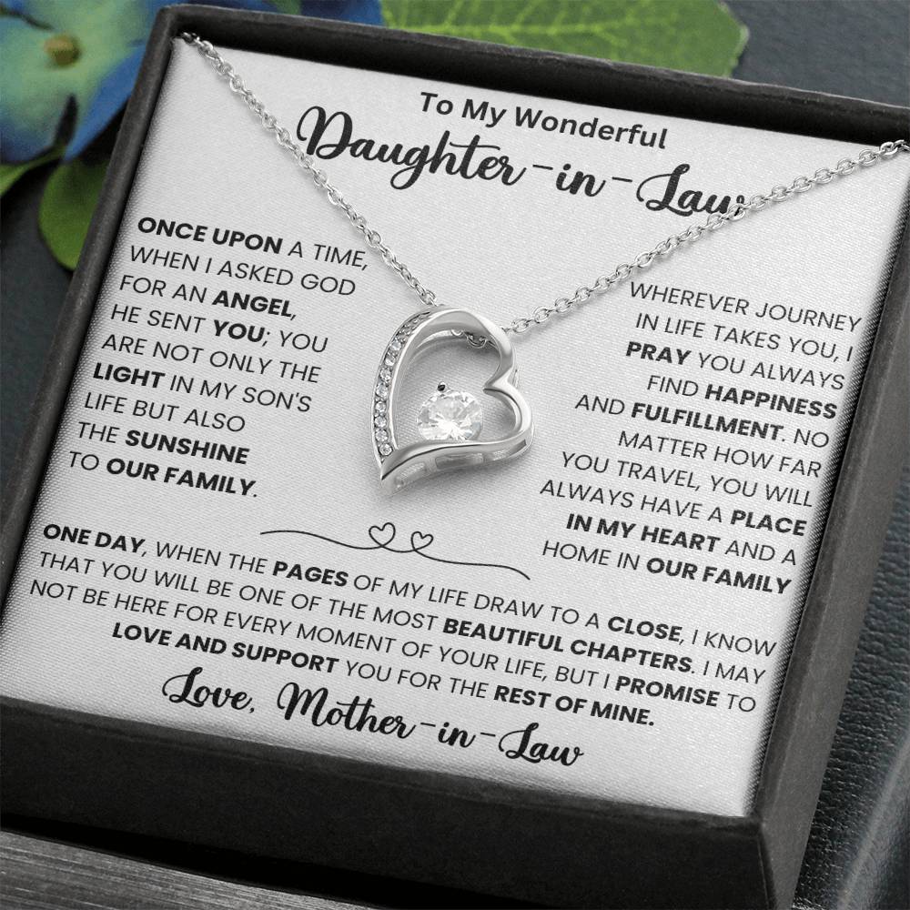 Forever Love Necklace for Daughter-in-Law with Heart Pendant and Inspiring Message from Mother-in-Law