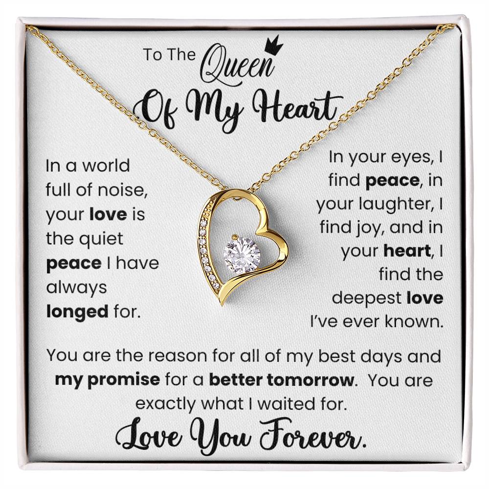 Forever Love Necklace with gold heart pendant and sparkling crystals on an inspirational message card for a wife