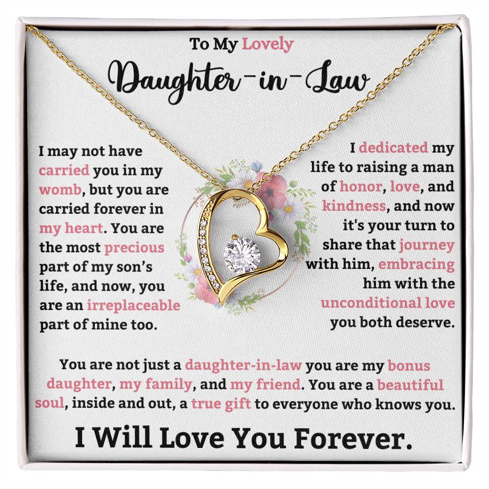 To My Lovely Daughter-in-Law Forever Love Necklace with CZ crystal and heart pendant, touching message on gift box, perfect gift for daughter-in-law