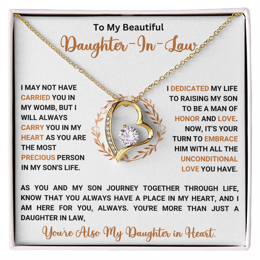 Forever Love Necklace gift for daughter-in-law, featuring a heart pendant with a 6.5mm CZ crystal, surrounded by a heartfelt message.