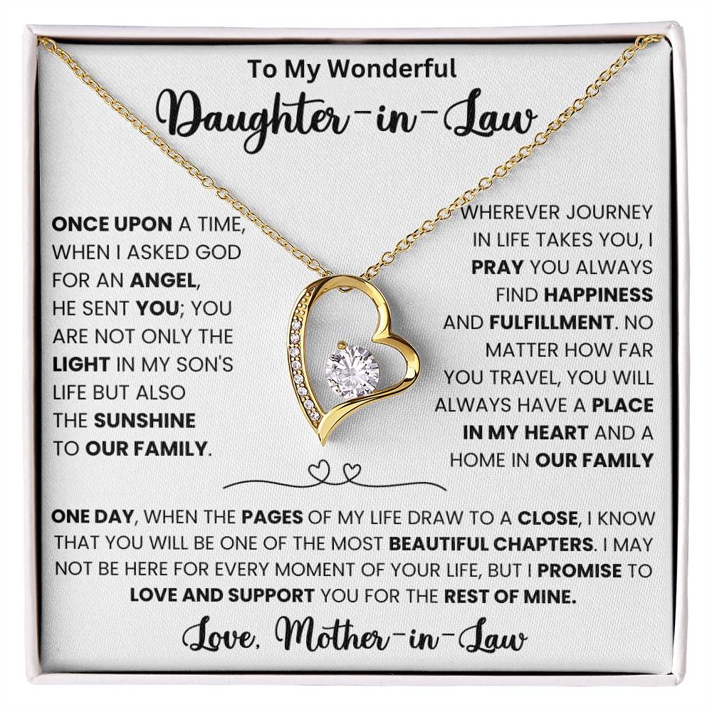 Forever Love Necklace Gift for Daughter-in-Law with Heartfelt Message and 6.5mm CZ Crystal in Heart Pendant Box