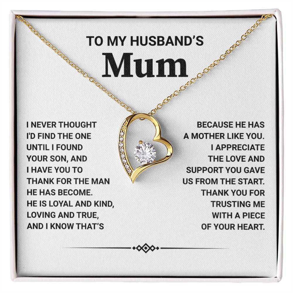 Gold heart pendant necklace with CZ crystal for husband's mum, in a heartfelt gift box.