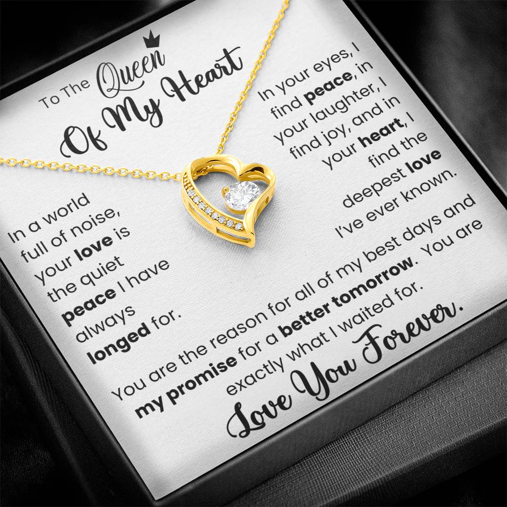 Gold Forever Love Necklace with heart-shaped pendant and cubic zirconia crystal, presented on a heartfelt message card for wife.