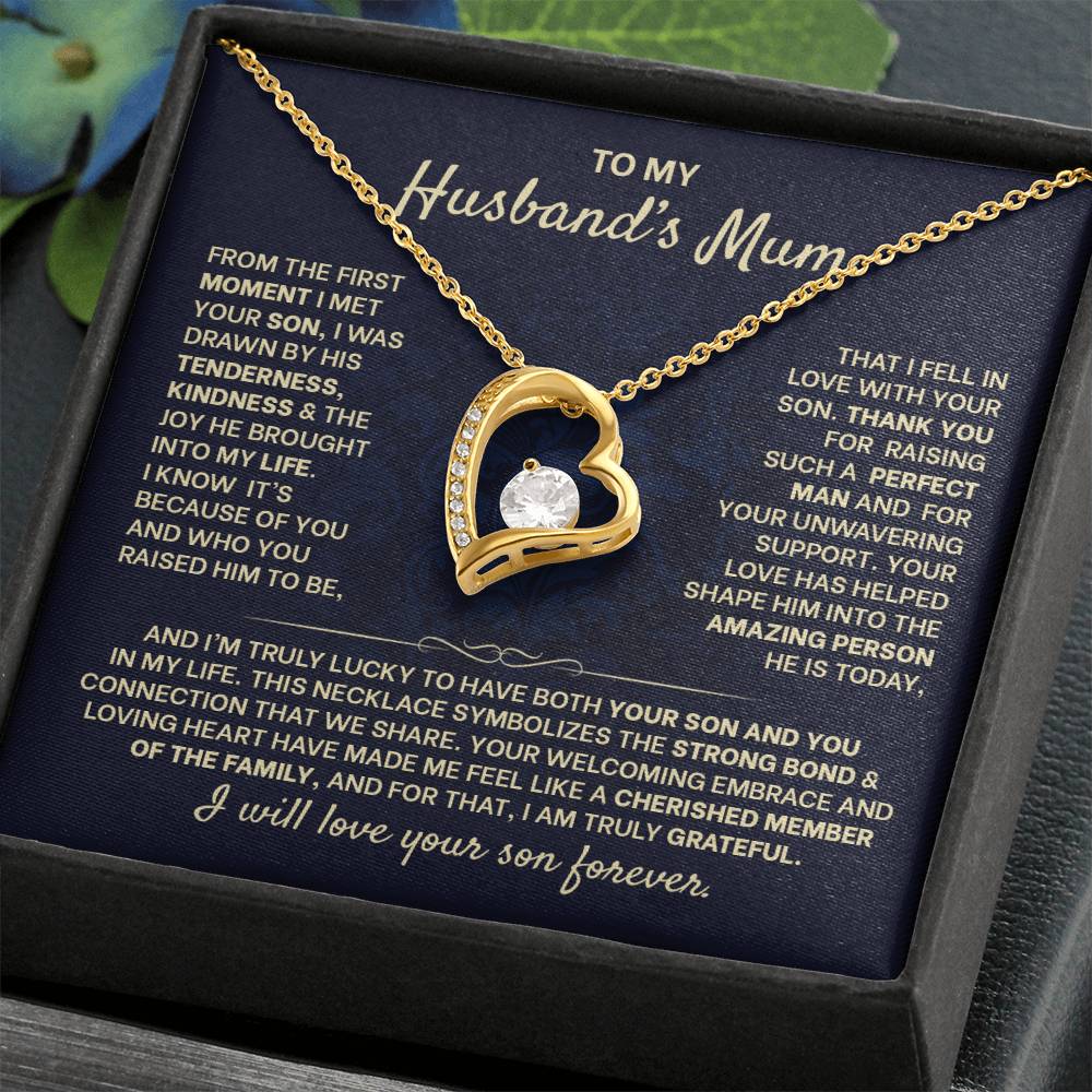 Gold heart pendant necklace with CZ crystal, gift for husband's mum, presented in an elegant box with heartfelt message.