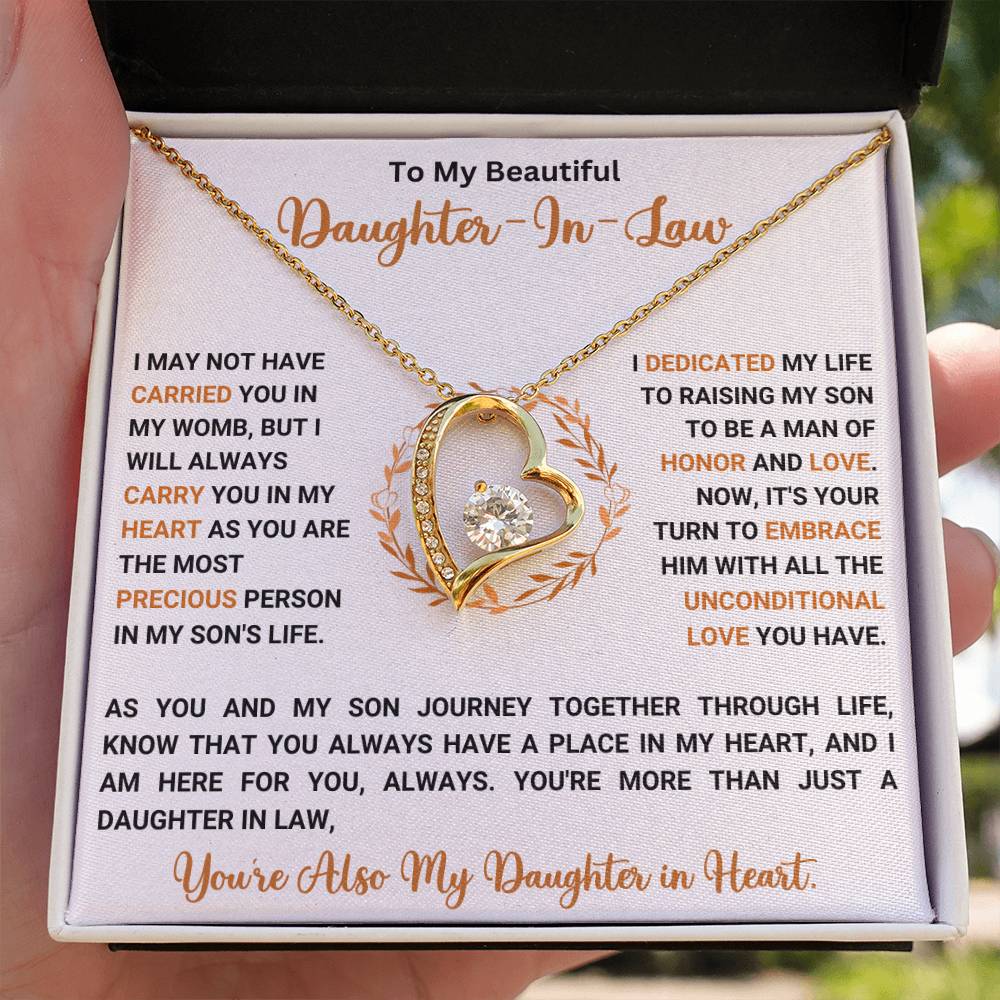 Forever Love Necklace gift for daughter-in-law featuring a CZ crystal heart pendant in a box with a heartfelt message.