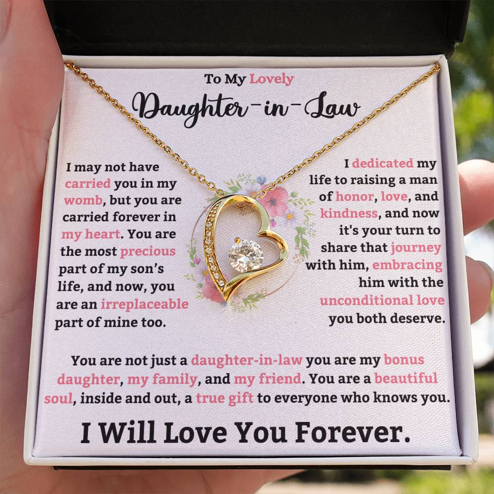 Daughter-in-law necklace with CZ crystal heart pendant and heartfelt message in gift box.