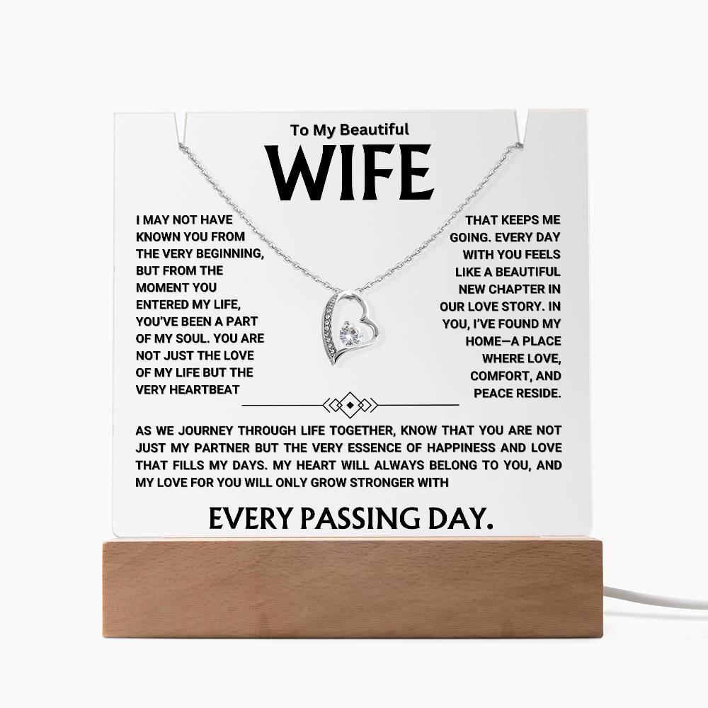 Personalized acrylic keepsake for wife with a heartfelt message and a heart-shaped necklace, perfect anniversary or romantic gift.