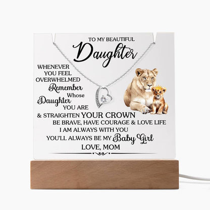 "Keepsake acrylic with Forever Love Necklace and inspirational message for daughter, featuring lioness and cub illustration."