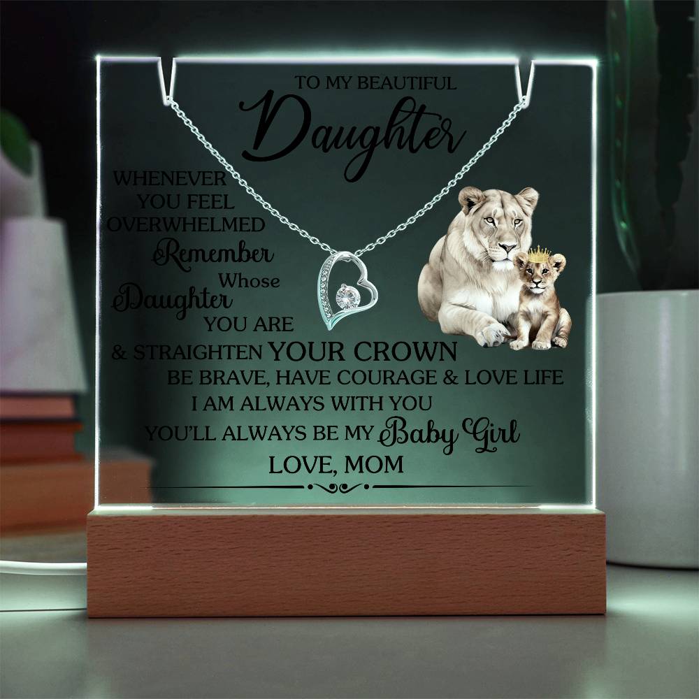 Square acrylic display with "To My Beautiful Daughter" message and Forever Love Necklace with lion design, on a wooden base.