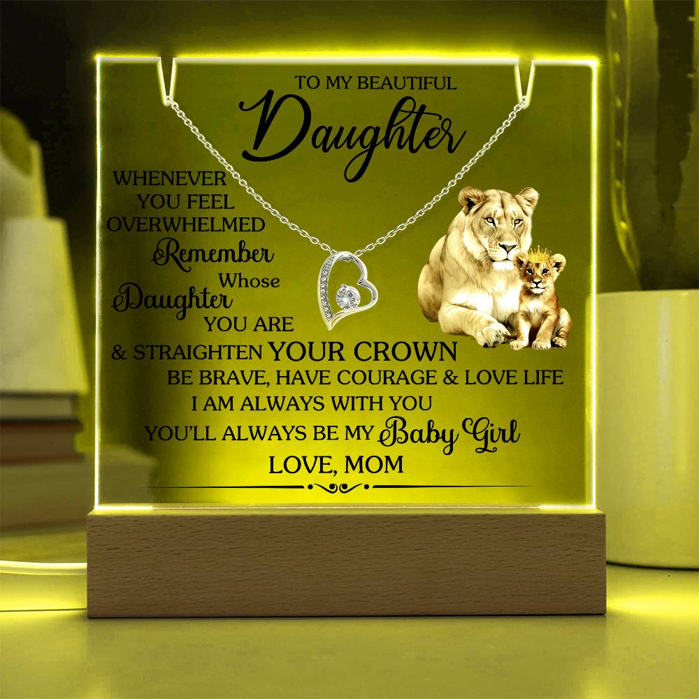 "To My Beautiful Daughter square acrylic display with Forever Love Necklace, featuring lioness and cub design with heartfelt message"