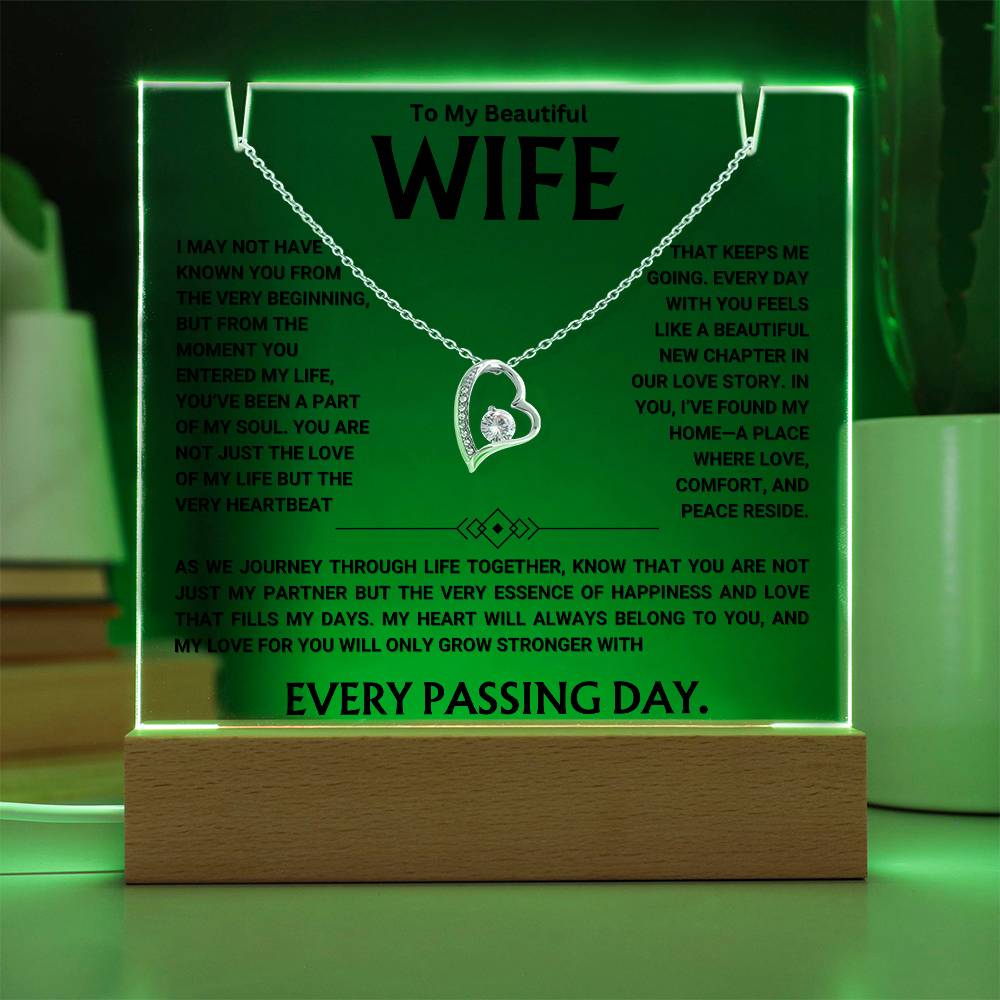 Keepsake acrylic gift with heart-shaped pendant, featuring the message "To My Beautiful Wife" and glowing green light for romantic home decor.