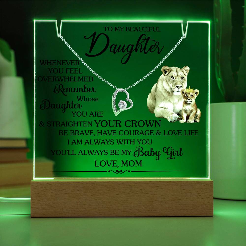 Square acrylic with Forever Love Necklace featuring lion design and heartfelt message to daughter from mom, glowing display.